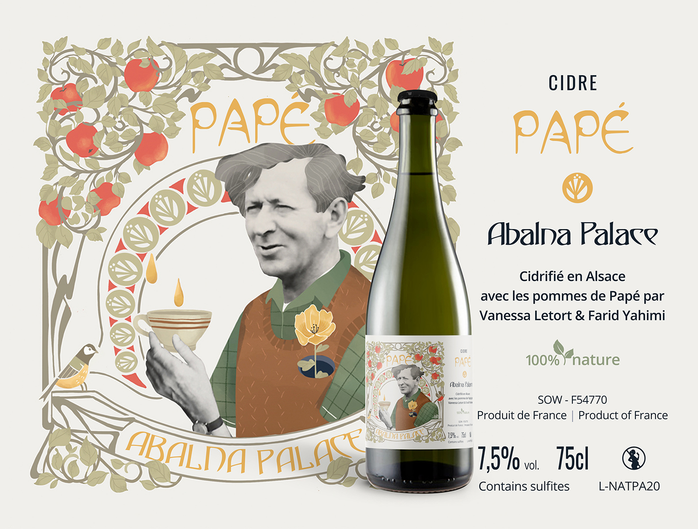 Du vin aux liens cidre de pomme Papé Alsace étiquette de bouteille en verre verte de vin